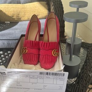 Gucci Crimson Heels with Gold Logo